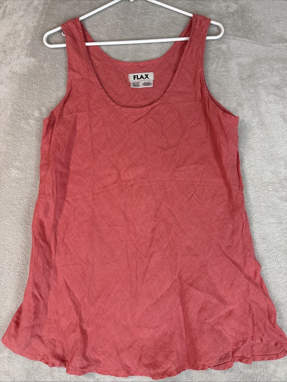 Flax 100% Linen Tank Top Size L Coral Boxy Sleeveless Artsy Lagenlook Beachy